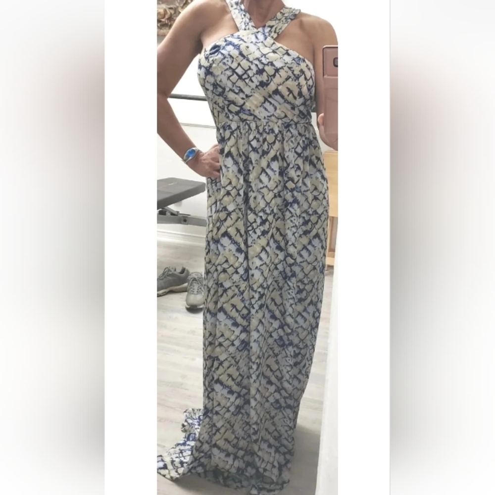 NWT Ark & Co. Blue Tan Scale Print Halter Sleeveless Open Back Maxi Dress M Tall